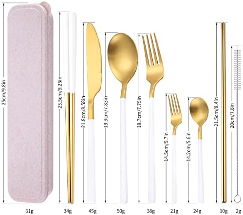 AARainbow 8 Pieces Stainless Steel Flatware Set Portable Reusable Cutlery Set Travel Utensils Set Including Chopsticks Knife Fork Spoon Straws Cleaning Brush Dishwasher Safe (B-White Golden)