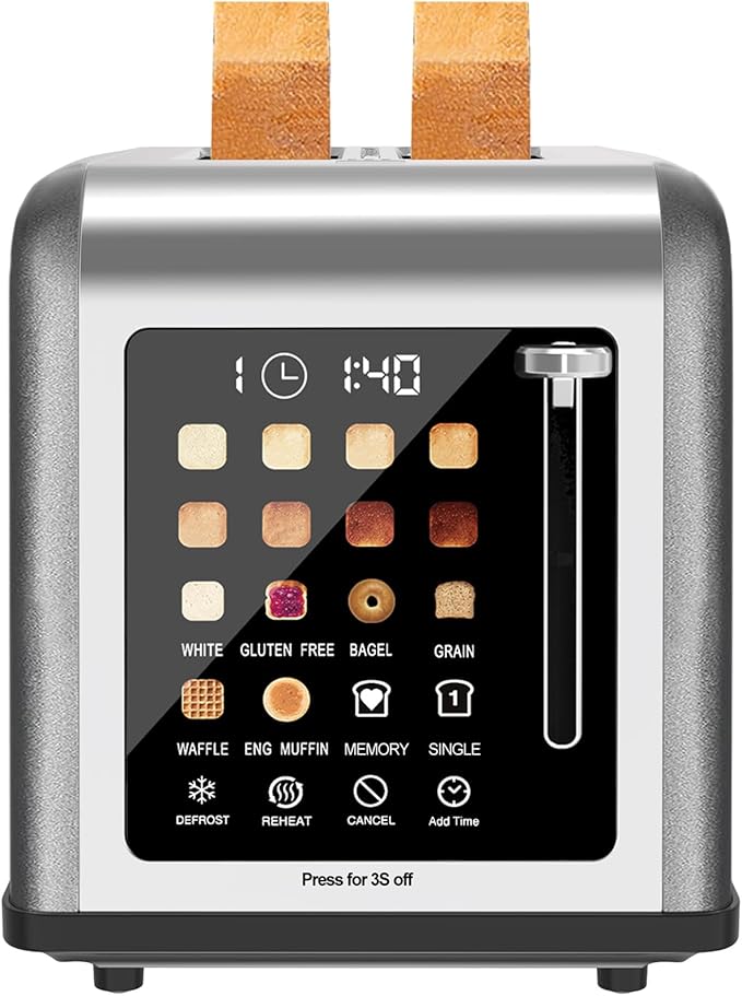 2 Slice Toaster Touch Screen, Stainless Steel Toasters Digital Timer 2 Slot