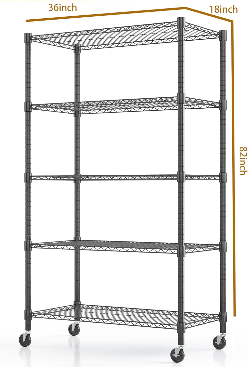 Himimi 5-Tier Heavy Duty Steel Wire Rack Storage Shelving, Adjustable Metal Storage Shelves with Wheels, 82''H Wire Shelf for Kitchen Garage Basement Pantry Organization, 18" D×36" W×82" H-Black