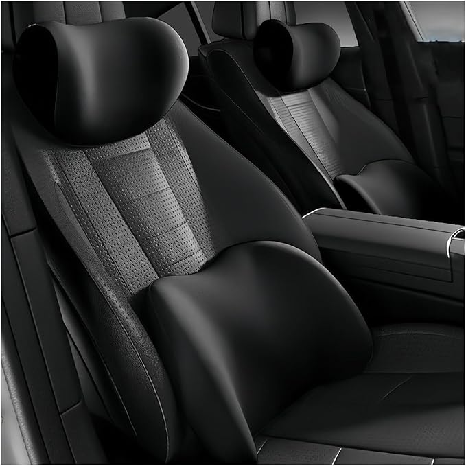 Car Lumbar Support Pillow and Car Neck Pillow Kit for Subaru Rex 2022 2023 2024 2025 2026, Car Seat Neck Back Rest Pillows, Ergonomic Car Seat Headrest & Lumbar Cushion,A Black