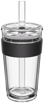 KeepCup Cold Cup - Longplay Double wall Glass Ice Coffee Tumbler with Lid and Straw - 16oz (454ml) - Black