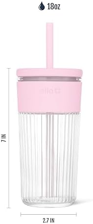 Ello Ava 18oz Glass Tumbler with Straw and Lid for Iced Coffee,Pink Orchard