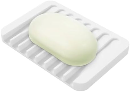 Aoheuo Modern Minimalist Style Soap Dish, Flexible Silicone Drain Soap Holder (White), 4.5" Long 3.2" Wide 0.4" High, Suitable for Kitchen, Bathroom and Bar Sinks
