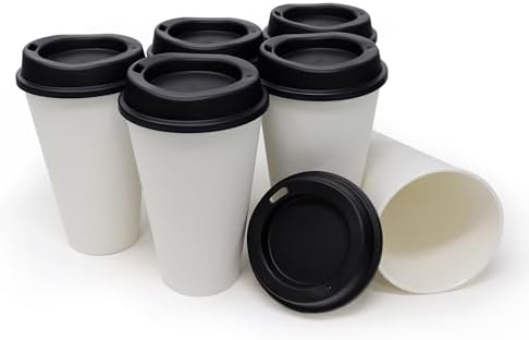 Rolling Sands USA Made 16 oz Reusable Coffee Cups with Lids 6 Pk, To Go Travel Cups, Hot or Cold Drinks, Dishwasher and Microwave Safe, White Cups, Black Lids