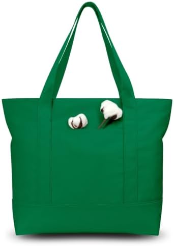 TOPDesign 1-Pack Canvas Tote Bag with an External Pocket, Reusable Grocery Shopping Bag, Top Zipper Closure, Daily Essentials (Green)