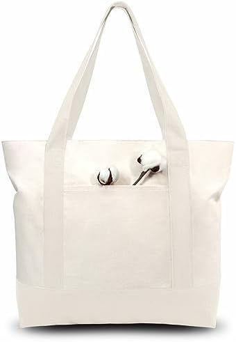 TOPDesign 3-Pack Canvas Tote Bags with an External Pocket, Reusable Grocery Shopping Bags, Top Zipper Closure, Daily Essentials (Natural)