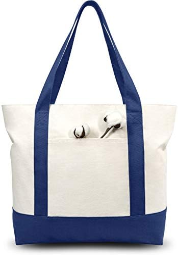 TOPDesign 6-Pack Canvas Tote Bags with an External Pocket, Reusable Grocery Shopping Bags, Top Zipper Closure, Daily Essentials (Blue/Natural)