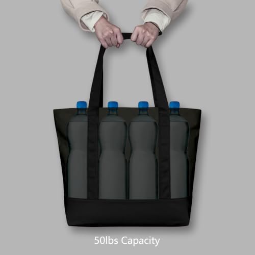 TOPDesign 1-Pack Canvas Tote Bag with an External Pocket, Reusable Grocery Shopping Bag, Top Zipper Closure, Daily Essentials (Black)