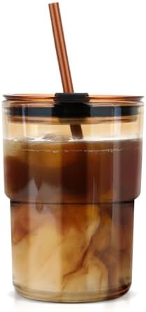 Luxfuel 13 oz Glass Cups with Lids and Straws Reusable Iced Coffee Tumbler