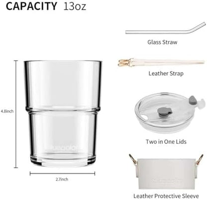 BLUEPOLAR 13oz/400ml Glass Water Tumbler with Straw and Lid Sealed Carry on Thick Wall Iced Coffee Cup for Water, Iced Tea, Fruit Juice (White with Sleeve and Strap)