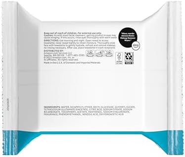 Amazon Basics Makeup Remover Wipes, Gentle Cleansing, Dermatologist Tested, Hydrating with Hyaluronic Acid, Plant Based, Alcohol-Free, Removes Waterproof Mascara, Facial Cleansing, 25 Count