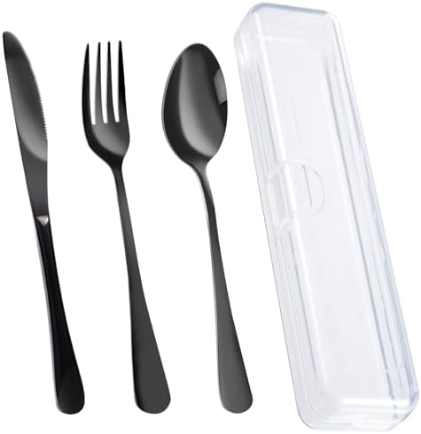 4PCS Premium Travel Utensils With Case, Stainless Steel Reusable Portable Utensils Set With Case, Lengnoyp Travel Silverware Set With Case for Lunch Box Includ Fork Spoon Knife Set, Black