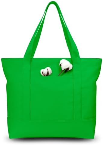 TOPDesign 1-Pack Canvas Tote Bag with an External Pocket, Reusable Grocery Shopping Bag, Top Zipper Closure, Daily Essentials (Lime Green)