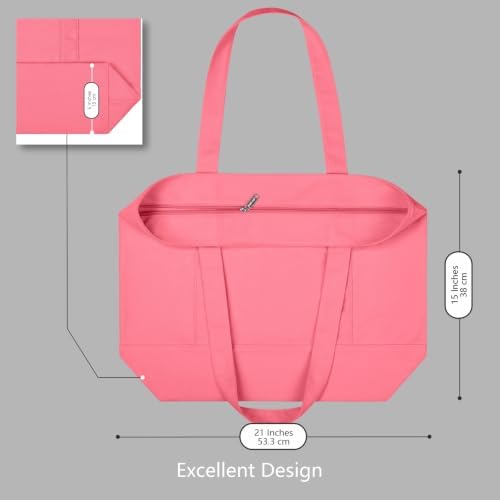 TOPDesign 1-Pack Canvas Tote Bag with an External Pocket, Reusable Grocery Shopping Bag, Top Zipper Closure, Daily Essentials (Rose Pink)
