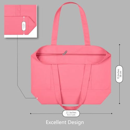 TOPDesign 1-Pack Canvas Tote Bag with an External Pocket, Reusable Grocery Shopping Bag, Top Zipper Closure, Daily Essentials (Rose Pink)