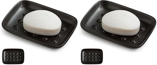 Miamolo Soap Dish, Ceramic Soap Holder Shower Soap Dish for Bar Soap Sponge, Soap Saver Tray for Bathroom Kitchen Sink, Black (Pack of 2)