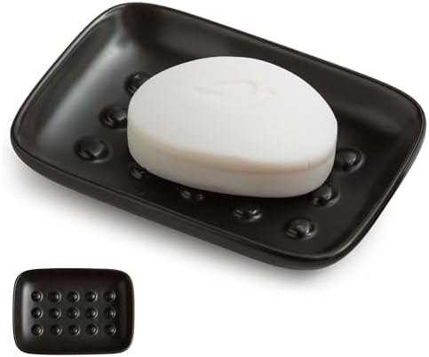 Miamolo Soap Dish, Ceramic Soap Holder Shower Soap Dish for Bar Soap Sponge, Soap Saver Tray for Bathroom Kitchen Sink, Black