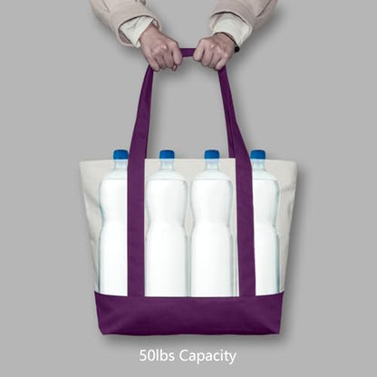 TOPDesign 1-Pack Canvas Tote Bag with an External Pocket, Reusable Grocery Shopping Bag, Top Zipper Closure, Daily Essentials (Purple/Natural)
