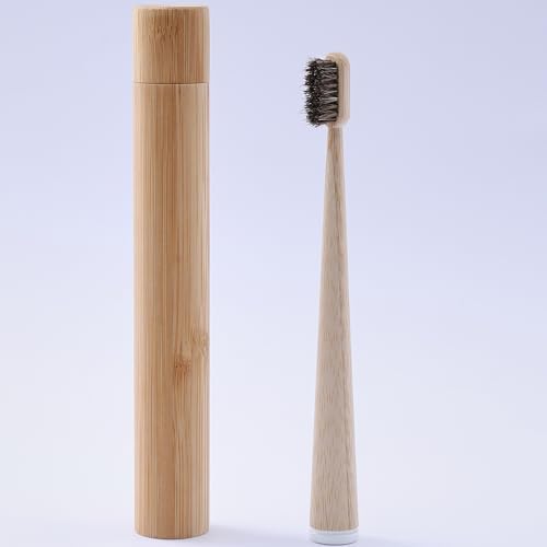 Horse Hair Toothbrush with Bamboo Travel Case, Adult Brush Set