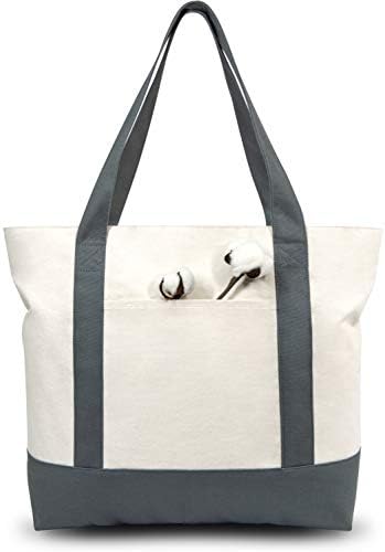 TOPDesign 1-Pack Canvas Tote Bag with an External Pocket, Reusable Grocery Shopping Bag, Top Zipper Closure, Daily Essentials (Grey/Natural)