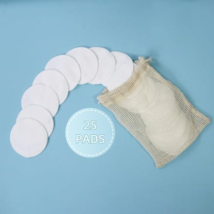 Reusable Makeup Remover Pads - 25 Pack Cotton Rounds with Washable Laundry Bag and Round Box for Storage, Bamboo Cotton for All Skin Types
