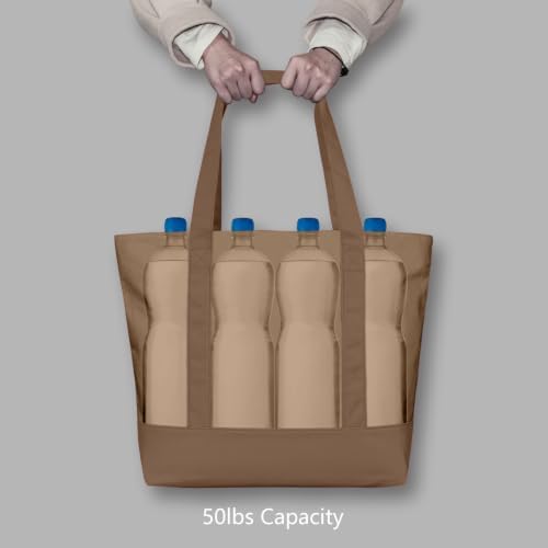 TOPDesign 6-Pack Canvas Tote Bags with an External Pocket, Reusable Grocery Shopping Bags, Top Zipper Closure, Daily Essentials (Brown)
