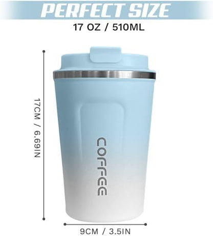 SPLMIFA Travel Coffee Mug Leak-Proof, Reusable Coffee Cups with Lids, Stainless Steel Vacuum Insulated Coffee Tumblers, Thermal Insulation Cup for Men and Women Hot & Cold Drinks(2nd-Blue White, 17OZ)