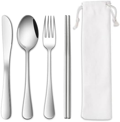 DEHOV Travel Utentils Set With Pouch,Reusable Portable Camping Silverware Set Knife Spoon Fork Chopsticks For Picnic,Travel Accessories Gadgets,Picnic Essentials