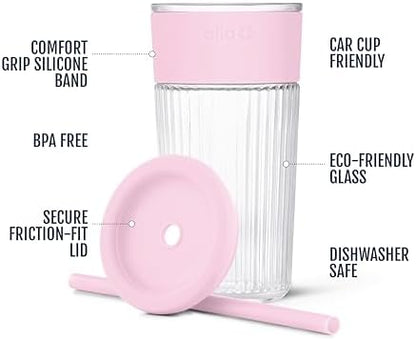 Ello Ava 18oz Glass Tumbler with Straw and Lid for Iced Coffee,Pink Orchard