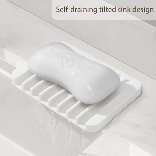 Aoheuo Modern Minimalist Style Soap Dish, Flexible Silicone Drain Soap Holder (White), 4.5" Long 3.2" Wide 0.4" High, Suitable for Kitchen, Bathroom and Bar Sinks