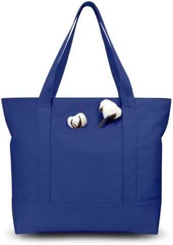 TOPDesign 3-Pack Canvas Tote Bags with an External Pocket, Reusable Grocery Shopping Bags, Top Zipper Closure, Daily Essentials (Blue)