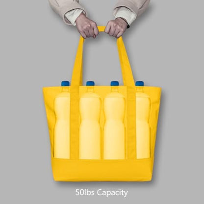 TOPDesign 6-Pack Canvas Tote Bags with an External Pocket, Reusable Grocery Shopping Bags, Top Zipper Closure, Daily Essentials (Yellow)