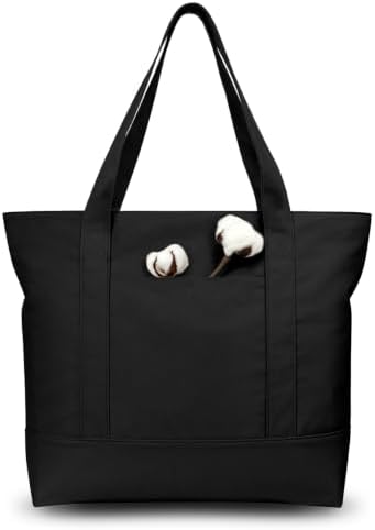 TOPDesign 1-Pack Canvas Tote Bag with an External Pocket, Reusable Grocery Shopping Bag, Top Zipper Closure, Daily Essentials (Black)