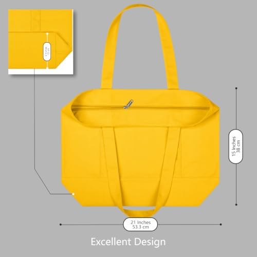 TOPDesign 6-Pack Canvas Tote Bags with an External Pocket, Reusable Grocery Shopping Bags, Top Zipper Closure, Daily Essentials (Yellow)