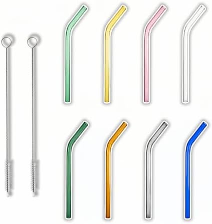 8 Pack Reusable Bent Glass Straws, 8 Inch Food Grade Heat Resistant, BPA FreeLead-Free Multicolor Glass Straws for Smoothie Milkshake Juice Cocktail Tea Hot Drinks, with 2 Cleaning Brushes