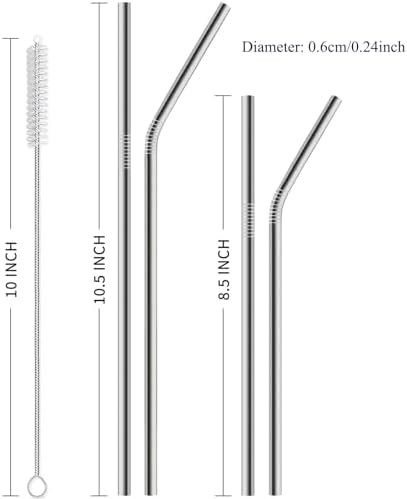 12 Pack of Reusable Stainless Steel Metal Straws, 3 Straight + 3 Bent 10.5 Inch and 3 Straight + 3 Bent 8.5 Inch Metal Straws with 2 Cleaning Brushes for 20 24 30 oz Tumbler Dishwasher Safef