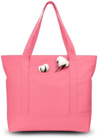 TOPDesign 1-Pack Canvas Tote Bag with an External Pocket, Reusable Grocery Shopping Bag, Top Zipper Closure, Daily Essentials (Rose Pink)