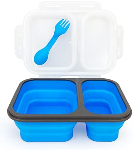2 Compartments Collapsible Airtight Bento Box with Ideal Portion 600ml & 450ml and 2 in 1 Spoon & Fork, Food Grade Silicone Lunch Container for Adults Work Travel, Microwave Safe