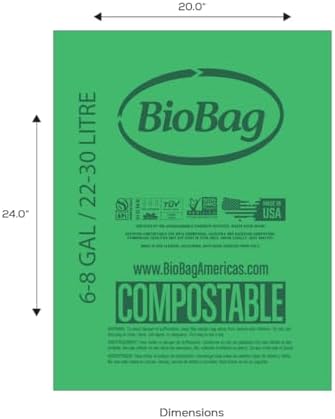 6-8 Gallon Compostable Trash Bags by BioBag, 45 Count, BPI Certified, Meets ASTM D6400 Standards, Made in USA, Medium Kitchen Bin Liners