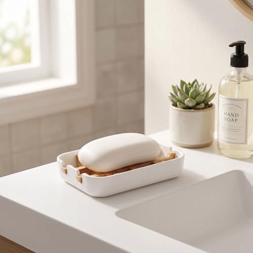 Bamboo Fiber Soap Holder and Soap Dish Combination, Removable Drainage Rack Bar Soap Tray for Bathroom Sink Deck, Bathtub, Shower & Kitchen (White, 1 Pack)