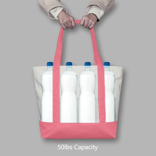 TOPDesign 6-Pack Canvas Tote Bags with an External Pocket, Reusable Grocery Shopping Bags, Top Zipper Closure, Daily Essentials (Rose Pink/Natural)