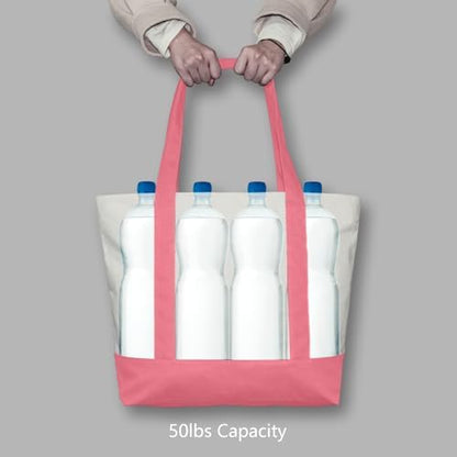 TOPDesign 6-Pack Canvas Tote Bags with an External Pocket, Reusable Grocery Shopping Bags, Top Zipper Closure, Daily Essentials (Rose Pink/Natural)
