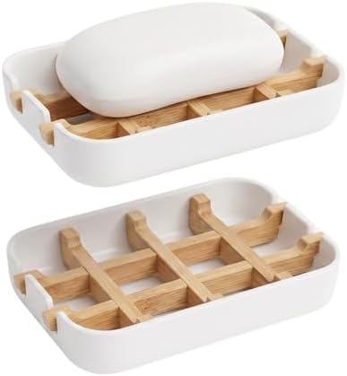 Bamboo Fiber Soap Holder and Soap Dish Combination, Removable Drainage Rack Bar Soap Tray for Bathroom Sink Deck, Bathtub, Shower & Kitchen (White, 1 Pack)