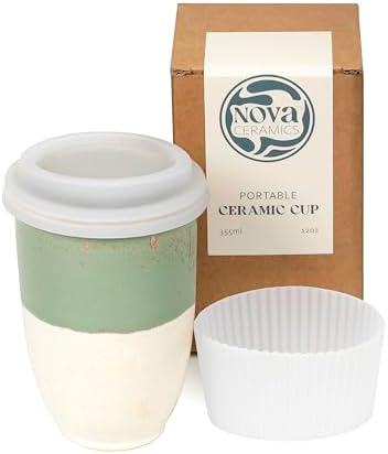 NOVA CERAMICS Travel Mug - Ceramic To Go Coffee Mug With Lid – Travel Mug Ceramic To Go Cup – Microwave & Dishwasher Safe Ceramic Coffee Mug With Lid - Gifts For Women Men Him Her – 12oz – Sage Green