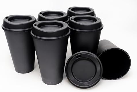 Rolling Sands USA Made 16 oz Reusable Coffee Cups with Lids 6 Pk, To Go Travel Cups, Hot or Cold Drinks, Dishwasher and Microwave Safe, Black