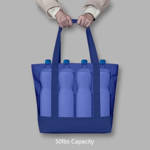 TOPDesign 3-Pack Canvas Tote Bags with an External Pocket, Reusable Grocery Shopping Bags, Top Zipper Closure, Daily Essentials (Blue)