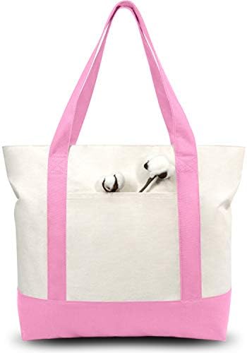 TOPDesign 30-Pack Canvas Tote Bags with an External Pocket, Reusable Grocery Shopping Bags, Top Zipper Closure, Daily Essentials (Pink/Natural)