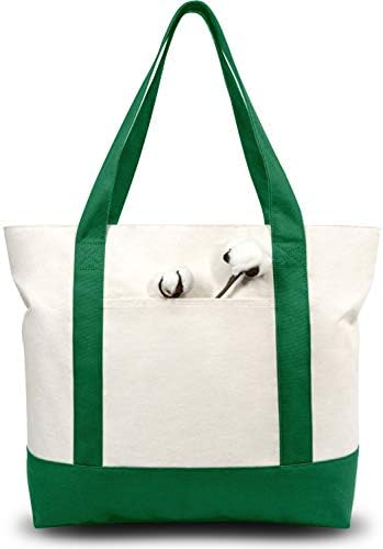 TOPDesign 6-Pack Canvas Tote Bags with an External Pocket, Reusable Grocery Shopping Bags, Top Zipper Closure, Daily Essentials (Green/Natural)