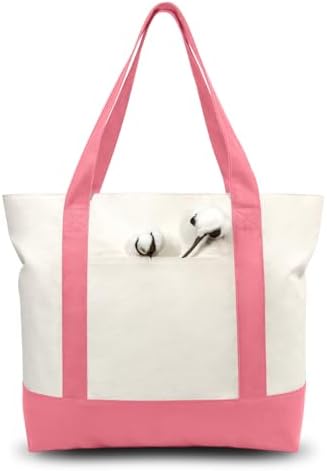 TOPDesign 6-Pack Canvas Tote Bags with an External Pocket, Reusable Grocery Shopping Bags, Top Zipper Closure, Daily Essentials (Rose Pink/Natural)