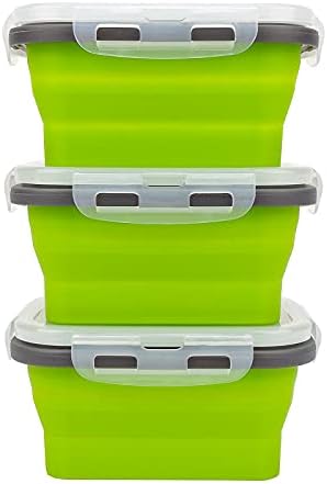 CCyanzi 3piece Collapsible Food Storage Containers with Lids, Silicone Lunch Container, Microwave & Freezer Safe, Space Saving for Kitchen Cabinet and Camping Backpack,(green gray)